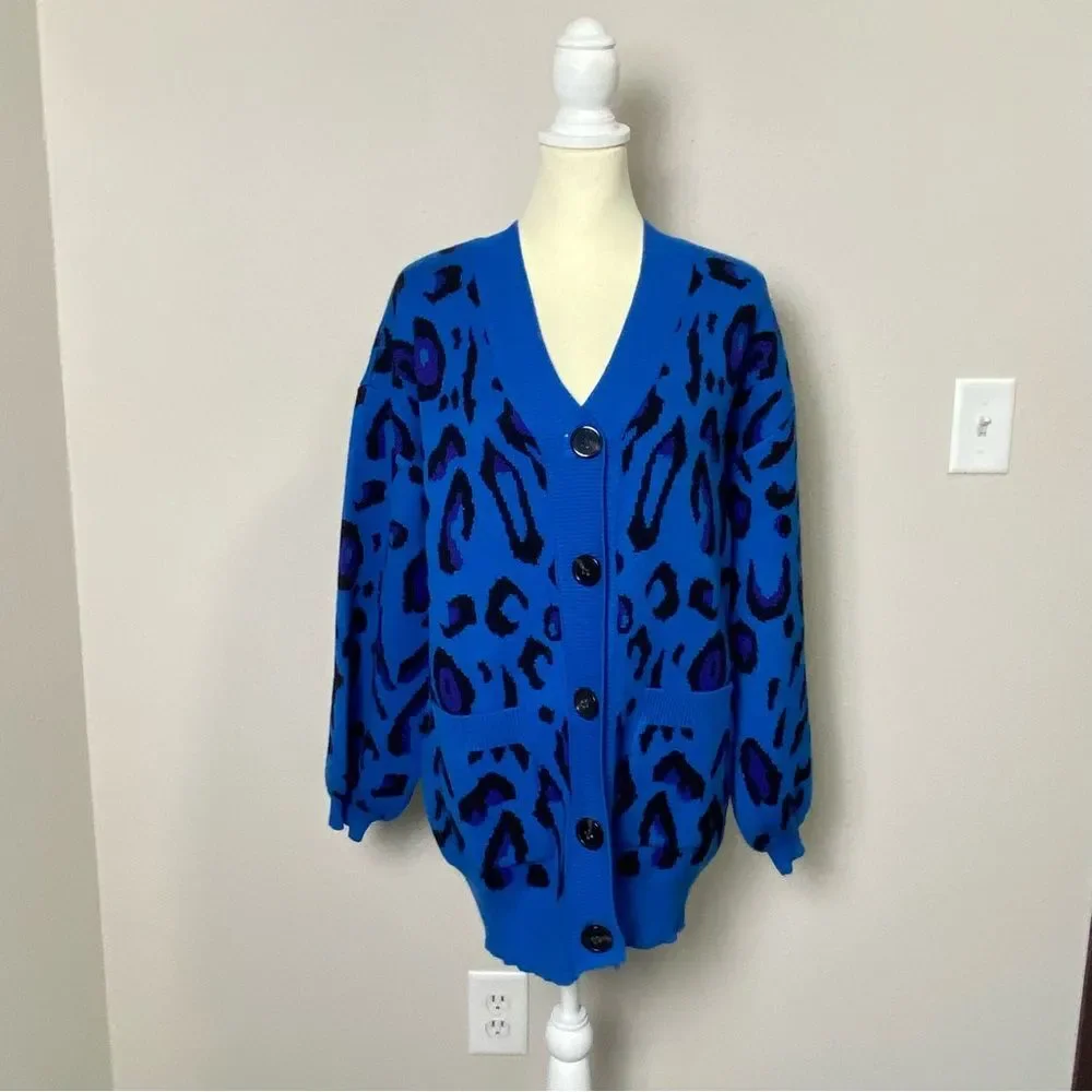 Sugar Lips Blue Animal Print Oversized Long Knit Cardigan Women's Size Medium